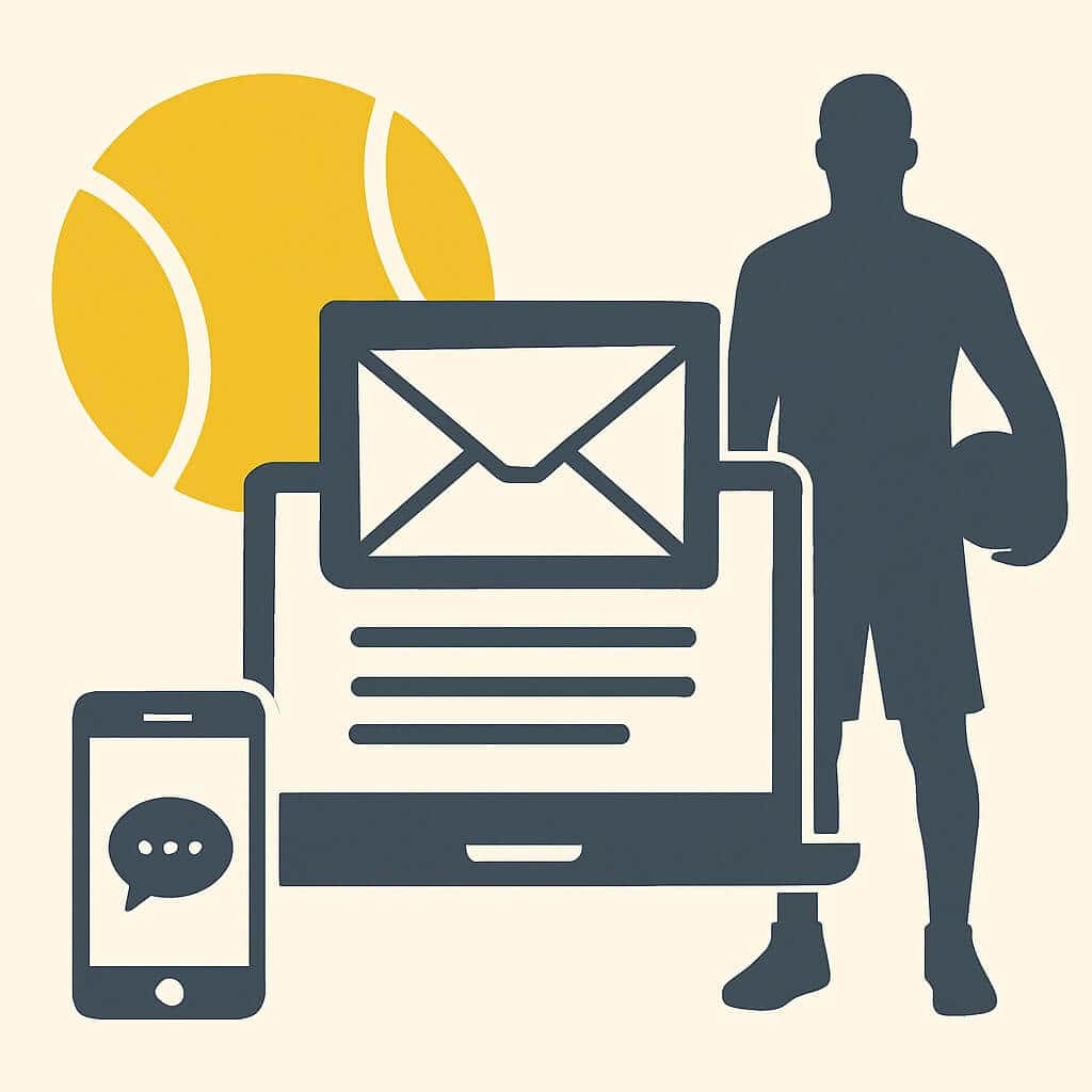 Illustration of a college athlete silhouette with a laptop, email icon, and phone representing recruiting communication tools